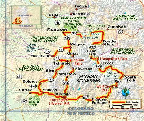 Motorcycle ride Colorado San Juan Mountains Million Dollar Highway Road Trip Map, Road Trip ...