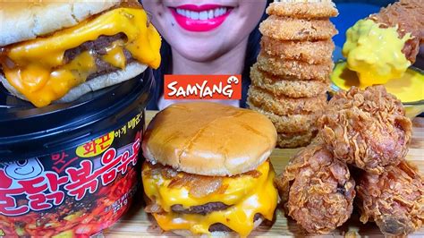 Asmr Spicy Udon Noodles Double Cheeseburger Fried Chicken Onion Ring