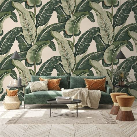 Retro Banana Leaves Pattern Wallpaper Mural Banana Leaf Wallpaper Leaf Wallpaper Tropical