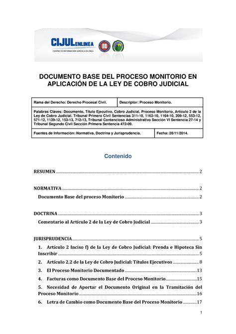 Documento Base Del Proceso Monitorio En Aplicacion De La Ley De Cobro