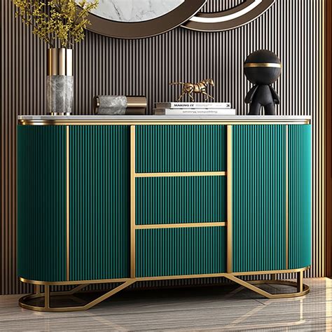 Buffet Moderne En Faux Marbre Vert Avec Base En Acier Inoxydable