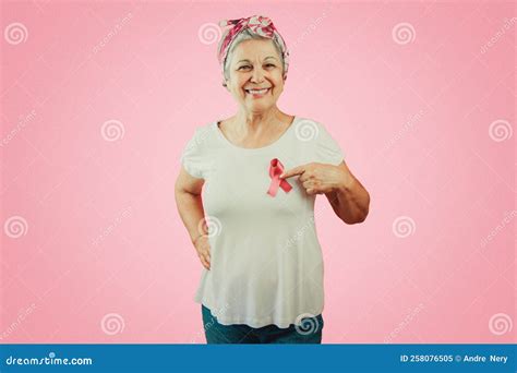 Mature Woman With Pink Ribbon Isolated For Breast Cancer Campaign Stock Image Image Of