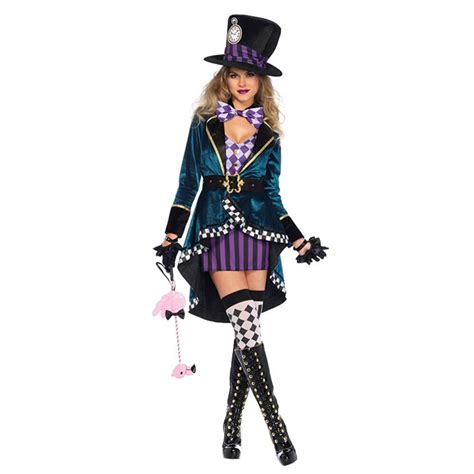 Adult Alice In Wonderland Mad Hatter Costume Women Halloween Witch Dress Sexy Cosplay Magician