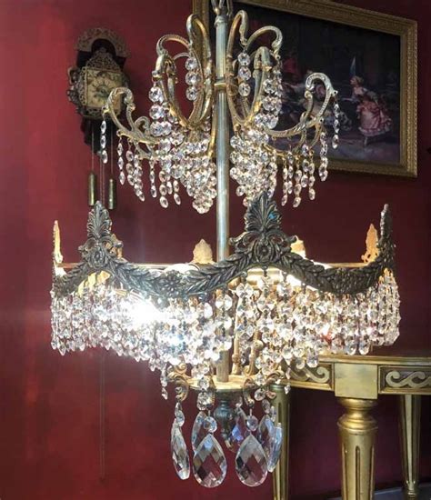 Antieke Kristallen Kroonluchter Hanglamp Brocante Barok Koper Goud