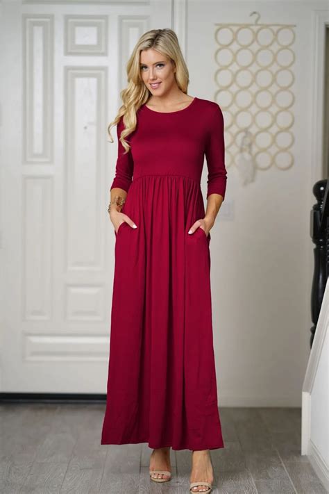 Burgundy Solid Maxi Dress Women Casual Long Sleeve O Neck A Line Wide Hem Long Women Dress