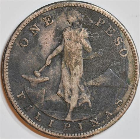 1907 S 1 Peso Philippines Fine Condition Silver Free Shipping In