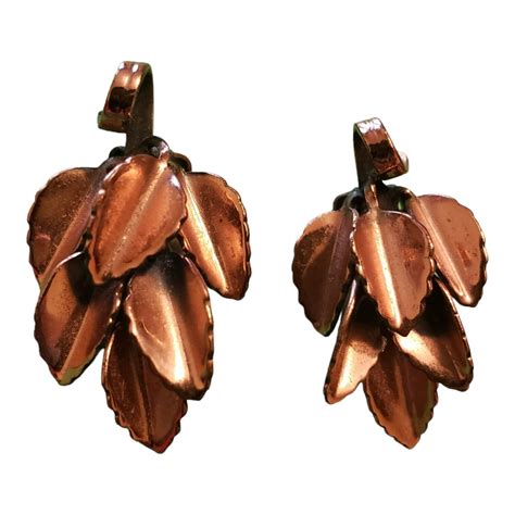 Vintage Renoir Copper Leaf Cluster Clip Earrings Sign Gem