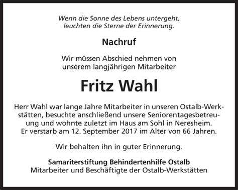 Traueranzeigen Von Fritz Wahl Ostalbtrauer