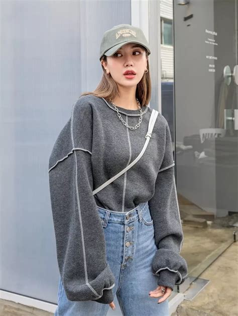 Dazy Top Stitching Drop Shoulder Sweatshirt Shein Asia Dropped