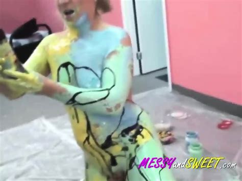Blonde Drizzles Paint On Naked Body