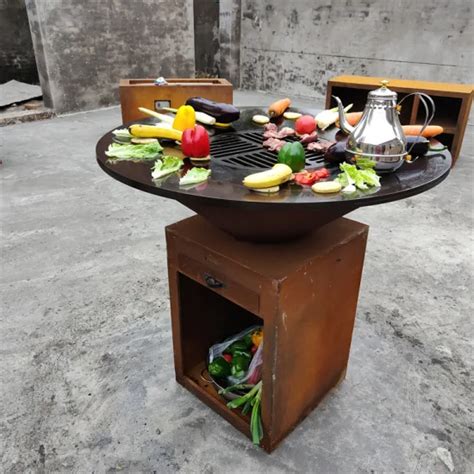 Outdoor Metal Fire Pit Barbecue Grill Table Charcoal Corten Steel Metal