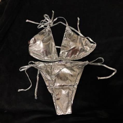 Unbranded Swim Metallic Shiny Bathing Suit High Waisted Triangle Tie Side Swimsuit Bikini