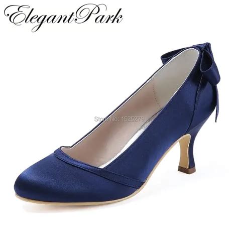 Hc1804 Women Wedding Shoes Mid Heel Navy Blue Bows Satin Round Closed