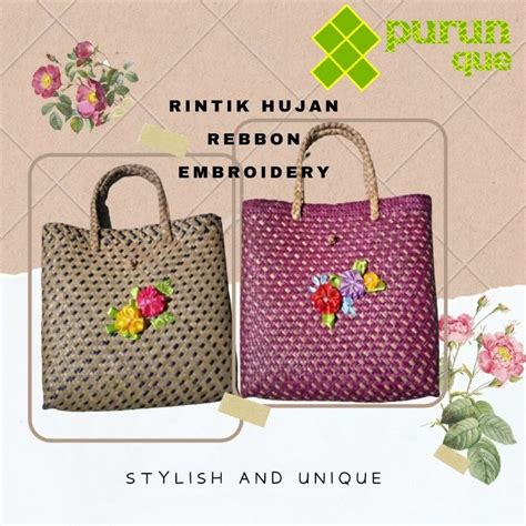 Jual Rintik Hujan Rebbon Embroidery Tas Anyaman Purun Sulam Wanita