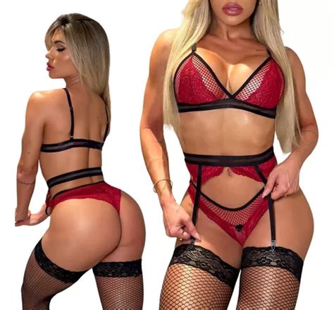 Conjunto Lingerie Sensual Luxo Cinta Ligas Garota Veneno Parcelamento Sem Juros