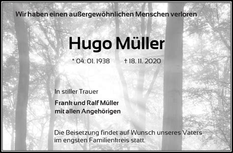 Traueranzeigen Von Hugo M Ller Zeit Des Gedenkens De