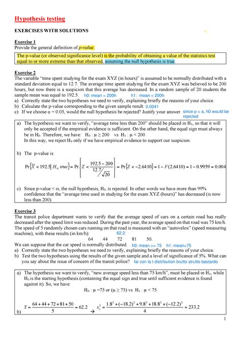 Exercises On Hypothesis Testing Hypothesis Testing EXERCISES WITH