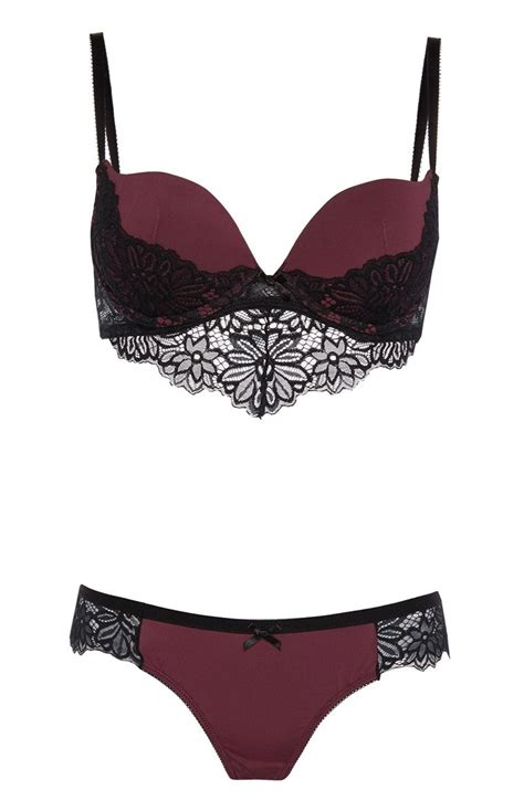 Primark Burgundy Black Lace Bra Pant Set Black Lace Bra Lace Bra Bra And Panty Sets