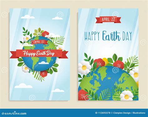 Happy Earth Day Greeting Card Set Of Green Planet Stock Vector