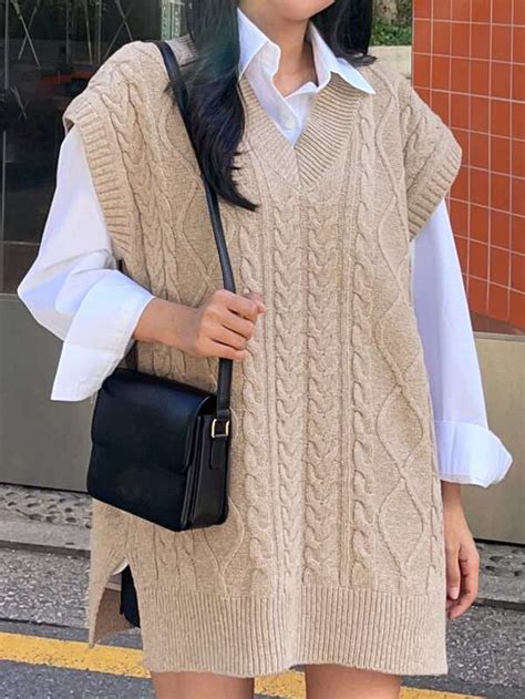 Dazy Kpop Split Hem Cable Knit Sweater Vest Without Blouse Shein Uk