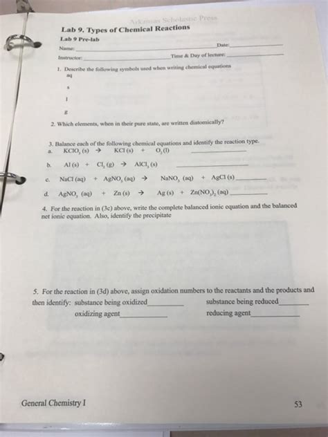 Solved Sc Lab 9 Types Of Chemical Reactions Lab 9 Pre Lab