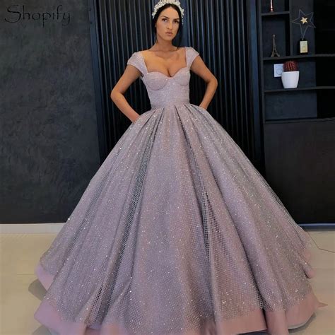 Puffy Long Evening Dress 2019 Ball Gown Abendkleider Cap Sleeve Sparkly Sequin Arabic Style