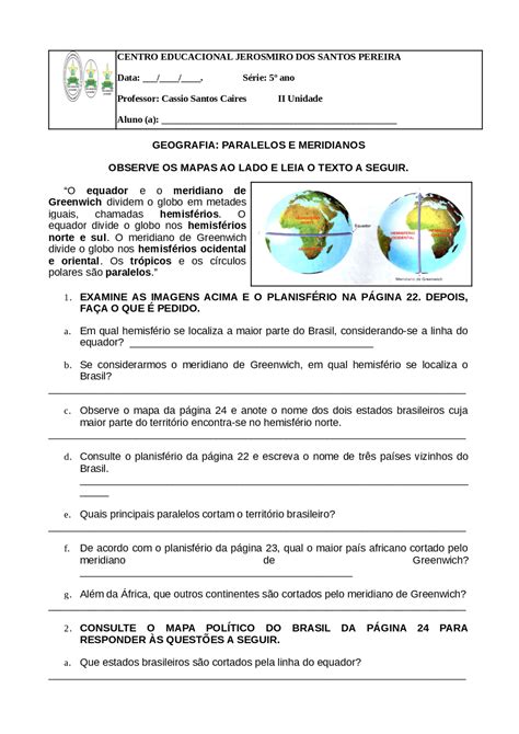 Atividades Sobre Paralelos E Meridianos 6o Ano Com Gabarito