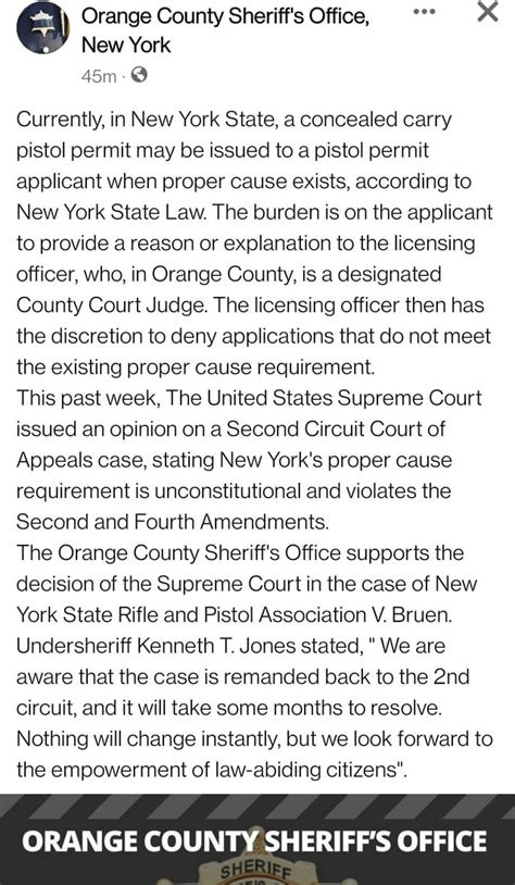 Facebook announcement from Orange County Sheriff : r/NYguns