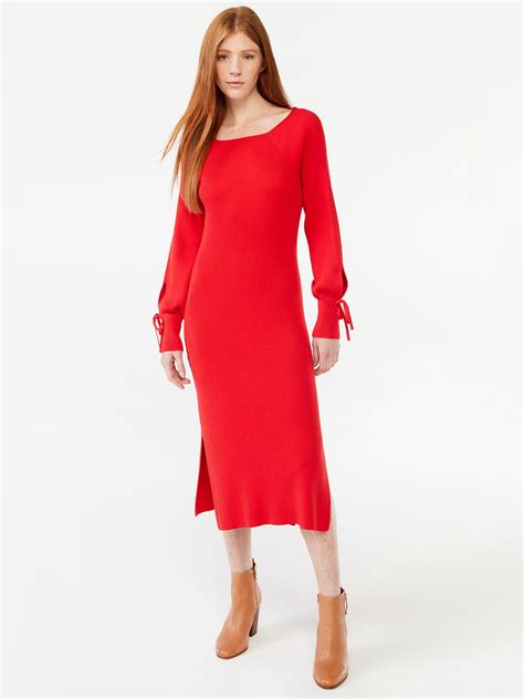 Free Assembly Womens Tie Back Sweater Midi Dress With Blouson Sleeves