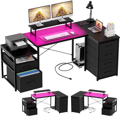 Homieasy Reversible L Shaped Desk With Rgb Led Outlets Monitor Cpu