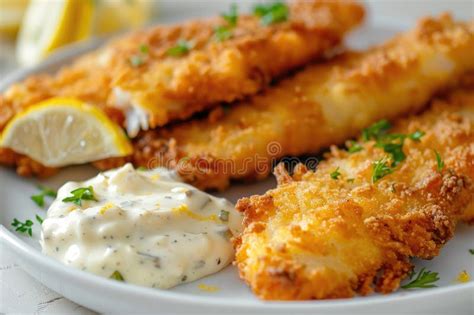 Breaded And Fried Fish Fingers Served With Remoulade Sauce And Lemon