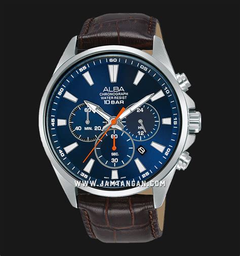 Alba Active AT3G63X1 Chronograph Men Blue Dial Dark Brown Leather Strap