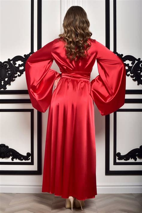 Long Red Kimono Robe Maxi Satin Bridal Robes For Women Floor Etsy Satin Bridal Robe Satin