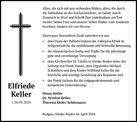 Traueranzeigen Von Elfriede Keller Trauer Op Online De