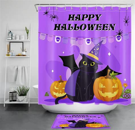 Spooky Halloween Shower Curtain With Purple Pumpkin Ghost Cat Design