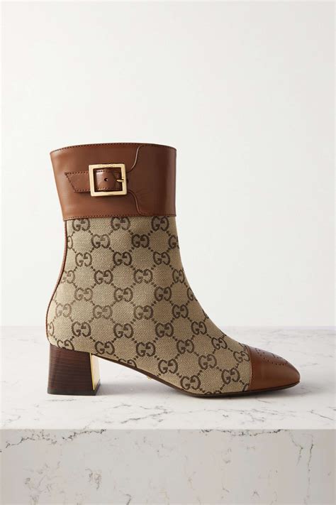 Gucci Buckled Logo Jacquard Leather And Canvas Ankle Boots Camel