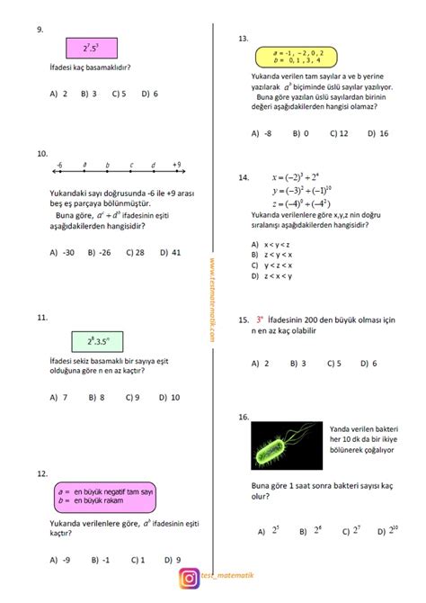 Sinif Tam Sayilar Test Test Matematik