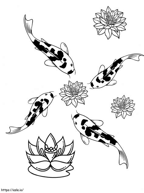 Four Koi Carp And Lotus Flower Coloring Page