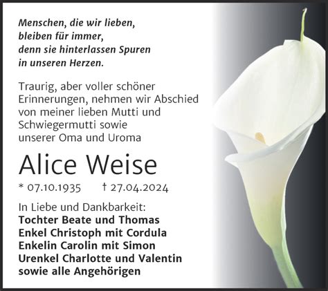 Traueranzeigen Von Alice Weise Abschied Nehmen De