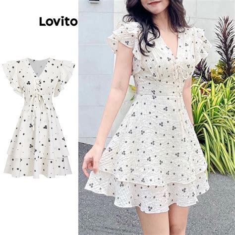 Lovito Women Casual Ditsy Floral Lace Up Ruffle Double Layer Dress