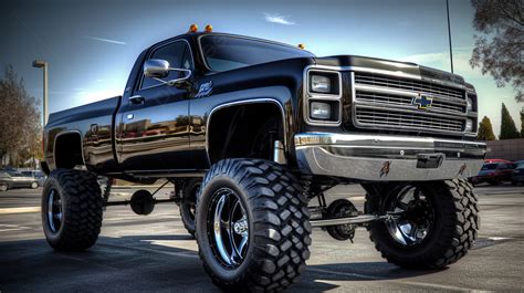 Black Chevy Truck With Huge Wheels Parked On Top Of Parking Lot