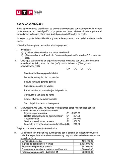 Tarea Academica Nro 01 Tarea Academica N°1 En La Siguiente Tarea Académica Se Encuentra