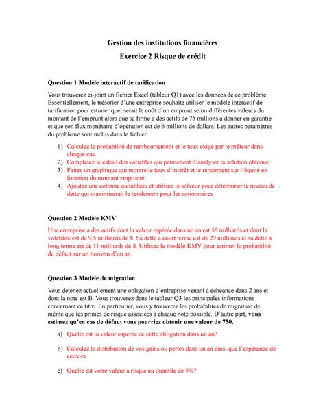 Énoncé Devoir 2 Risque de crédit Gestion des institutions financières