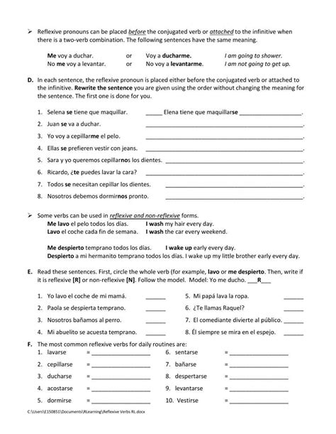 Reflexive Pronouns Spanish Worksheet