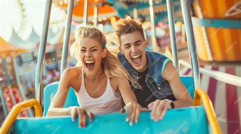 Premium Photo Young Couple Having Fun At The Amusement Park They Are