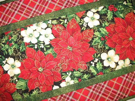 Reserved For Mhuard Christmas Table Runner Poinsettias Quilted Handmade Red Plaid Fabric