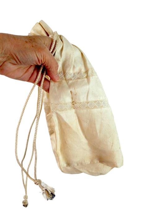 Edwardian Reticule Purse Ivory Linen Drawstring Pouch Gem