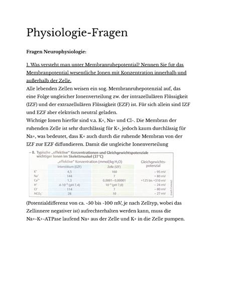 Physiologie Fragen Ausarbeitung Physiologie Fragen Fragen