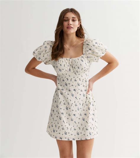 White Ditsy Floral Puff Sleeve Mini Dress New Look