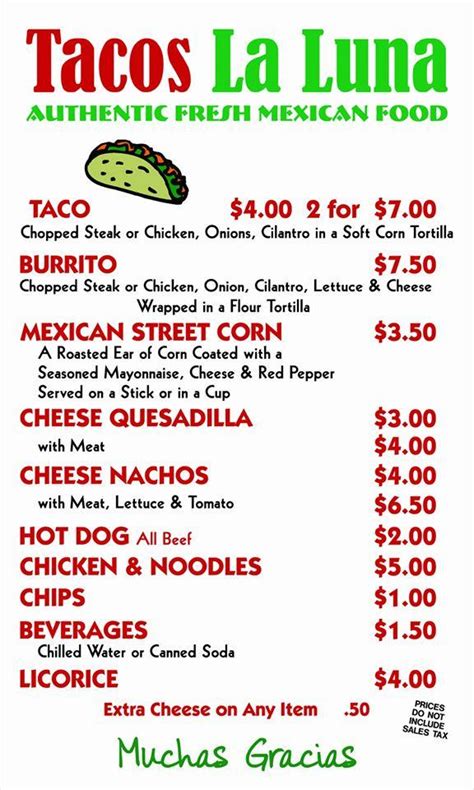 Menu At Tacos La Luna USA